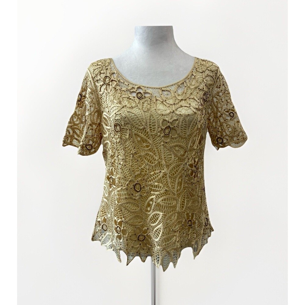 Vtg SILKEN POETRY Top Womens L Hand Beaded Silk Guipure Lace Layered Coquette